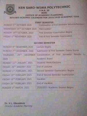 Ken Saro Wiwa Polytechnic Revised Academic Calendar  For 2019/2020 Session