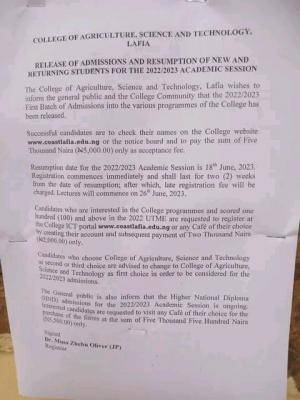 College of Agriculture, Lafia Admission list and resumption for 2022/2023 session