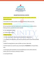 Trinity university lists out resumption requirements to students amidst covid-19