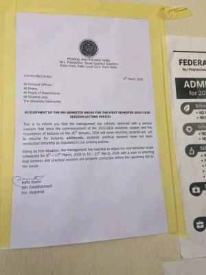 Fed Poly Kabo adjusts mid-semester break for 1st semester, 2025/2026 session