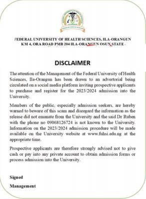 FUHSI disclaimer notice on release of admission form for 2023/2024 session