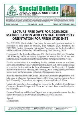 ABU declares lecture-free days for 2025/2026 matriculation, orientation