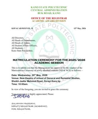 Kano State Poly announces Matriculation Ceremony, 2025/2026