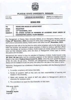 PLASU management responds to the strike action by ASUU