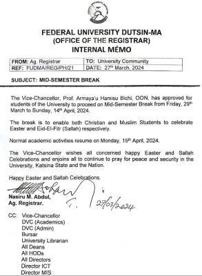 Fed University Dustin-ma notice of mid-semester break