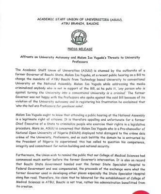 ATBU ASUU branch condemns former Governor's