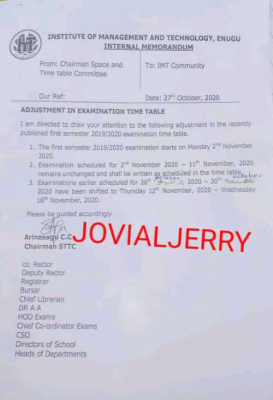 I.M.T Enugu notice on adjusted 1st semester exam timetable for 2019/2020 session