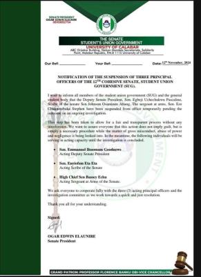 UNICAL SUG senate suspends three principal officers