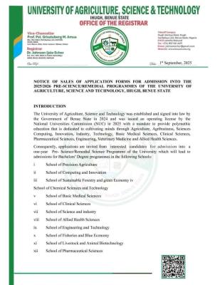 Benue State University of Agriculture, Science & Tech Pre-science/Remedial admission, 2025/2026
