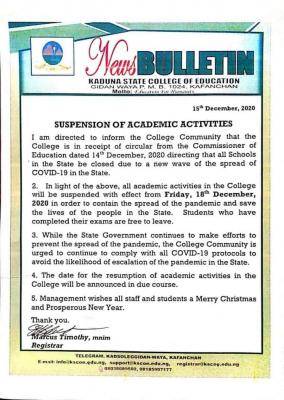 Kaduna State College of Education suspends academic activities