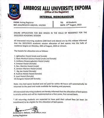 AAU online application for bed space in halls of residence, 2022/2023