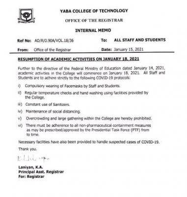 YABATECH notice to staff and students on resumption