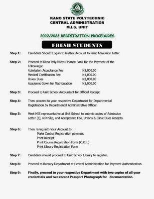 Kano Poly notice on registration procedures 2022/2023