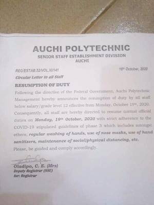 Auchi Poly directs staff to resume