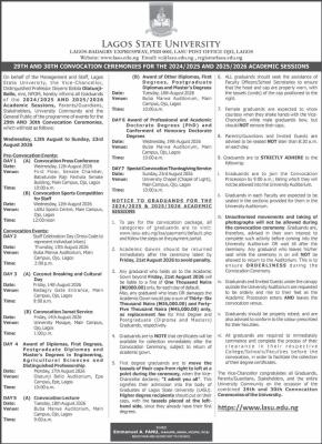 LASU programme of events for 29th & 30th Combined Convocation and notice to graduands