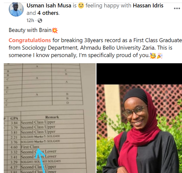 ABU student breaks her department 38-year-old record as she bags a first-class