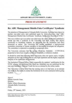 ABU management responds to allegations of shielding fake certificate's syndicate