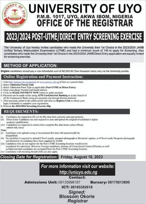 UNIUYO Post-UTME/DE 2023: cut-off mark, eligibility, and registration Details