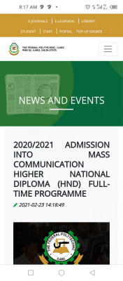 FEDPOLY Ilaro HND mass communication 2nd Batch list, 2020/2021