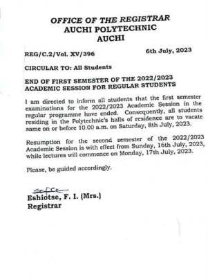 Auchi Poly notice to all students on vacation of hostels