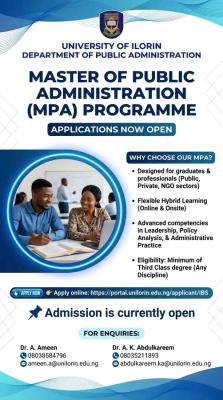 UNILORIN announces admission into Masters of Public Administration (MPA) Programme