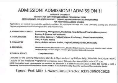 IMSU admission into Evening and weekend degree programmes, 2022/2023