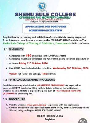 Shehu Sule College of Nursing application for Post UTME screening/interview, 2024/2025