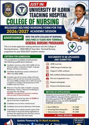 UITH College of Nursing Sciences ND/HND Nursing Form for 2026/2027 Session