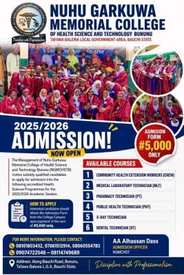 Nuhu Garkuwa Memorial College of Health Science and Tech admissions, 2025/2026