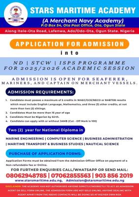 Stars Maritime Academy Announces Admission for 2025/2026 Session