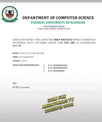FUKashere Department of Computer Science notice to batch II newly admitted students