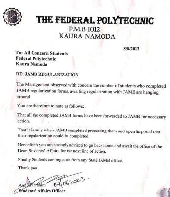 Fed Poly Kaura Namoda notice to students on JAMB Regularization