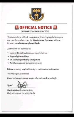 OAU notice on mandatory compliance checks for the Matriculation Ceremony