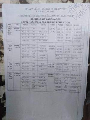Jigawa State college of Education 3rd semester examination timetable 2020/2021