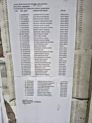 Akwa Poly 1st Batch ND admission list, 2021/2022 now on the school's notice board