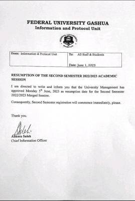 FUGASHUA notice on resumption of second semester, 2022/2023