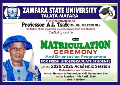 Zamfara State University Announces 2025/2026 Matriculation Ceremony