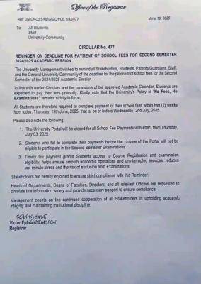 UNICROSS issues important reminder on deadline for payment of school fees
