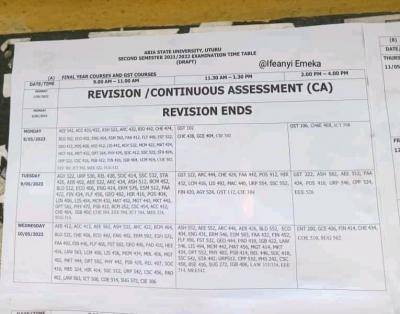 ABSU 2nd semester examination timetable, 2022/2022