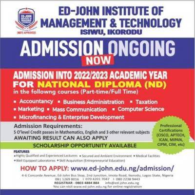 ED-JOHN Institute of Management and Technology Admission, 2022/2023