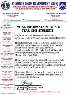 IAUE notice to 100 Level students