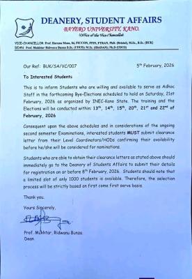 BUK invites interested students to serve as Adhoc staff for INEC Bye-Elections.
