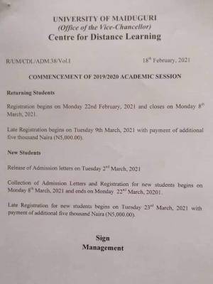 UNIMAID Centre for Distance Learning notice on commencement of 2019/2020 session