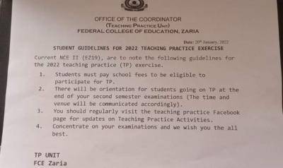 FCE Zaria teaching practice guidelines for students