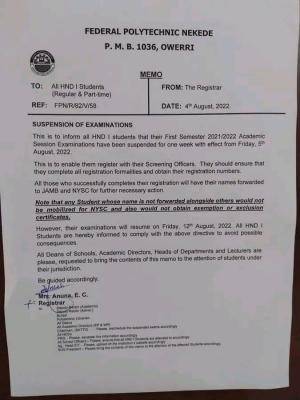 Fed Poly Nekede notice to HNDI students on suspension of first semester exams, 2021/2022