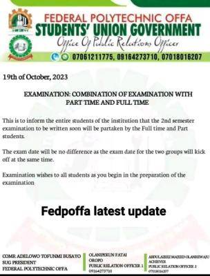 Federal Polytechnic Offa SUG notice on examination date for both part-time and full-time students