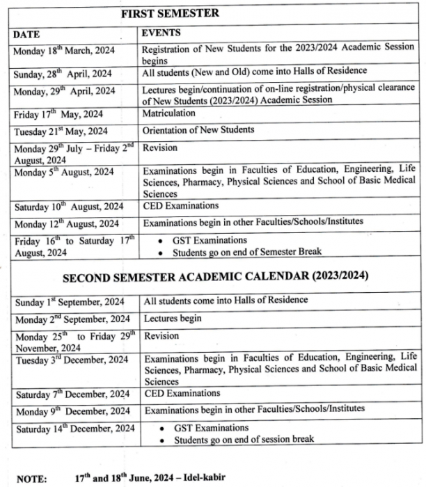 UNIBEN releases academic calendar, 2023/2024
