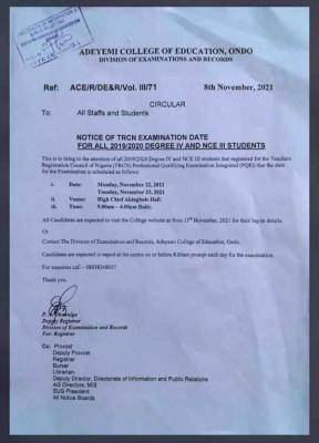 ACEONDO notice to staff and students on TRCN examination date