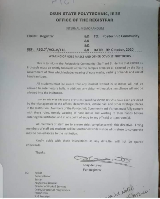 Osun State Polytechnic, Iree COVID-19 protocols
