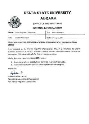 DELSU important notice to students without admission letters